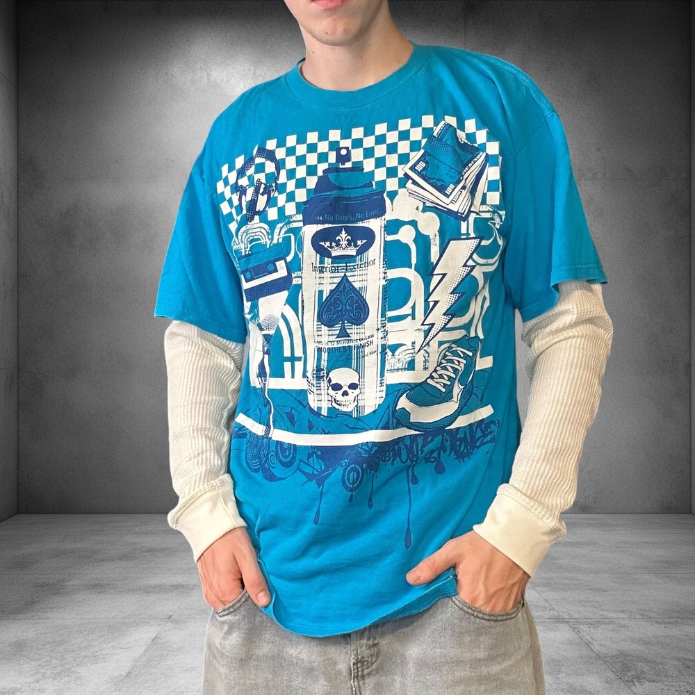 Vintage H Graphic Tee Mens XL Teal Blue Skater Streetwear Y2K Boxy T-Shirt